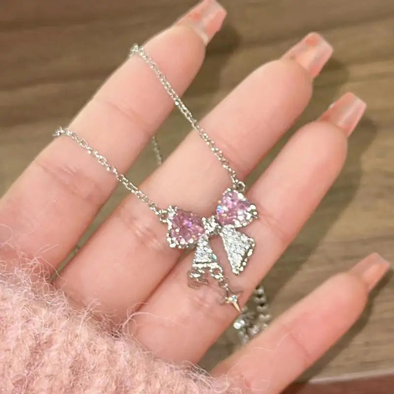 new-design-bow-pink-zircon-cross-pendant-necklace-4743