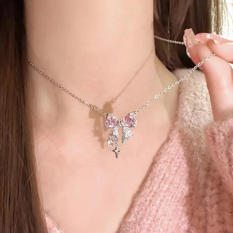 new-design-bow-pink-zircon-cross-pendant-necklace-4743