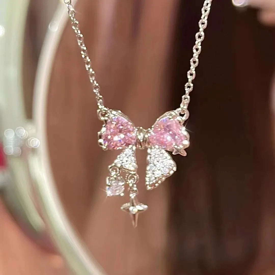 new-design-bow-pink-zircon-cross-pendant-necklace-4743