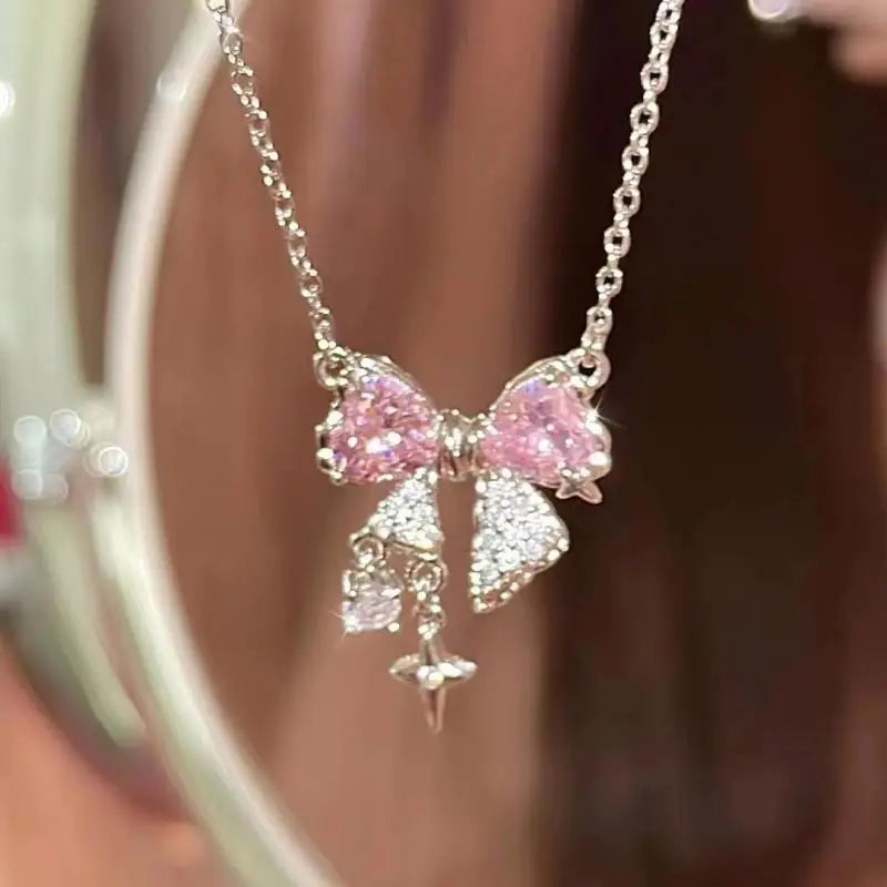 new-design-bow-pink-zircon-cross-pendant-necklace-4743