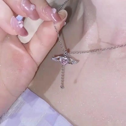 new-design-bow-pink-zircon-cross-pendant-necklace-4743